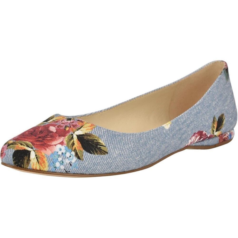 Nine West Women's Blue Rose Denim Leather Closed Pointed Toe Ballet Flats Shoes